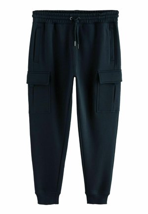 Schwarze Cargo-Hosen aus weichem Stoff, mit elastischem Bund, Kordelzug und mehreren Seitentaschen zur Aufbewahrung.