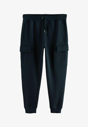 Black cargo pants made of soft fabric, featuring an elastic waistband, drawstring, and multiple side pockets for storage.