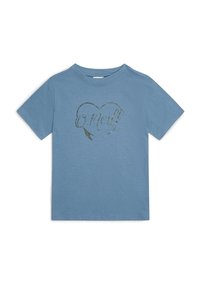 Camiseta de algodón azul de manga corta con un diseño de corazón brillante que lleva la palabra "O'Neill" en su interior. Cuello redondo, corte holgado, textura suave.