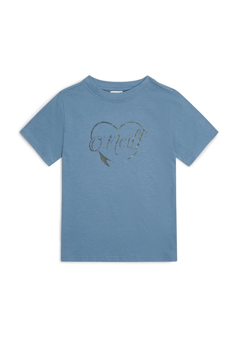 Camiseta de algodón azul de manga corta con un diseño de corazón brillante que lleva la palabra "O'Neill" en su interior. Cuello redondo, corte holgado, textura suave.