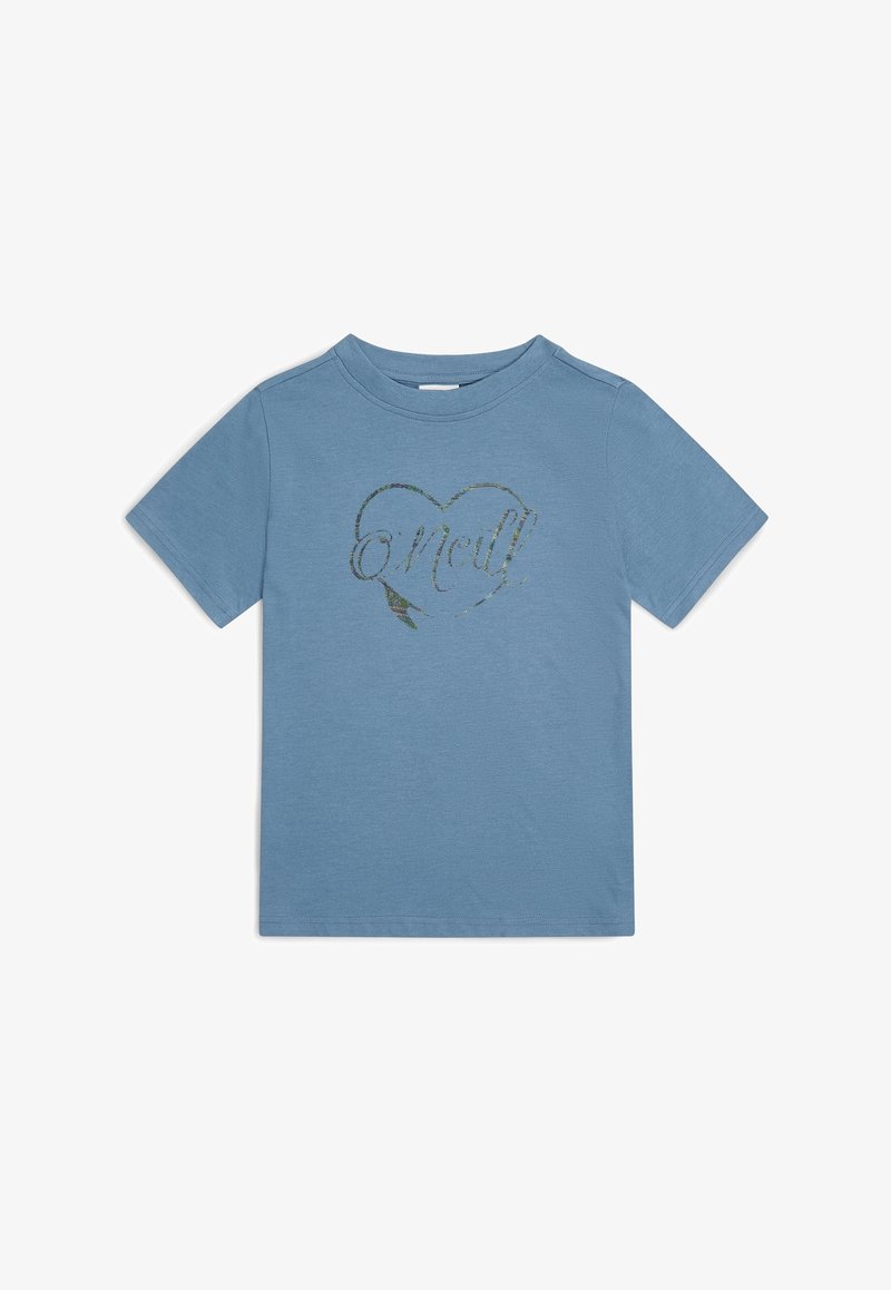 Camiseta de algodón azul de manga corta con un diseño de corazón brillante que lleva la palabra "O'Neill" en su interior. Cuello redondo, corte holgado, textura suave.