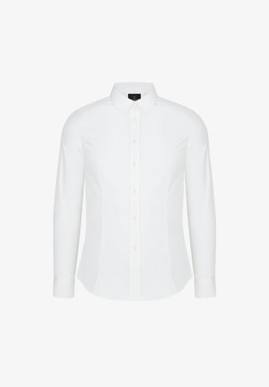 Biała koszula z długim rękawem wykonana z gładkiego materiału, posiadająca kołnierzyk zapinany na guziki, guziki z przodu oraz dopasowany krój z bocznymi szwami.