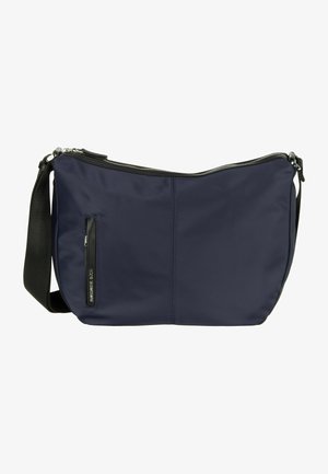 Borsa a tracolla sintetica blu navy con chiusura a zip, tasca laterale con zip e tracolla regolabile. Texture liscia con design minimalista.