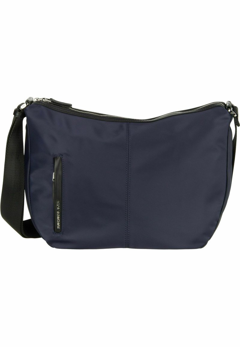 Borsa a tracolla sintetica blu navy con chiusura a zip, tasca laterale con zip e tracolla regolabile. Texture liscia con design minimalista.