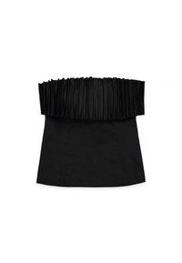 Czarny top bez ramiączek z plisowanym satynowym górnym materiałem i gładkim, dopasowanym dolnym wykończeniem. Tekstura kontrastuje między obiema sekcjami.