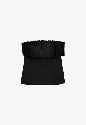 Must mustriba ilma varrukat ja plekitud siidist bodi ning sile, liibuv alumine serv. Tekstuuride kontrast kahe sektsiooni vahel.