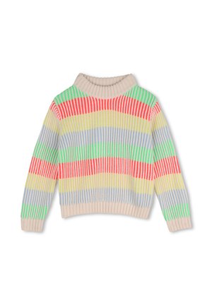 Pull en maille à manches longues avec des rayures horizontales côtelées vertes, rouges, jaunes, bleues et beiges, col roulé beige.
