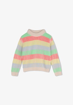 Strikket langærmet sweater med vandrette ribstriber i grøn, rød, gul, blå og beige med en beige rullekrave.