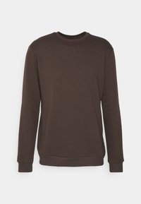 Sudadera marrón de manga larga hecha de tejido suave, con un cuello redondo y puños y dobladillo de canalé para un ajuste ceñido.