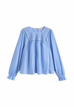 Hellblaue Bluse mit langen Ärmeln, gekennzeichnet durch einen gerafften Halsausschnitt und bestickte Details. Weicher Stoff mit an den Bündchen gerafften Ärmeln.