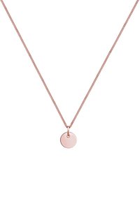 Ruusu kultainen kaulakoru, jossa ohut ketju ja pyöreä, kiillotettu riipus. Riipuksella on sileä pinta ja pieni silmukka kiinnitystä varten.