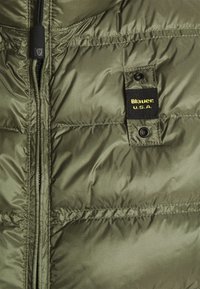 Kurtka puchowa w oliwkowym zielonym kolorze o pikowanej fakturze, z zamkiem błyskawicznym oraz czarną metką z napisem "Blauer U.S.A." w żółtym kolorze.