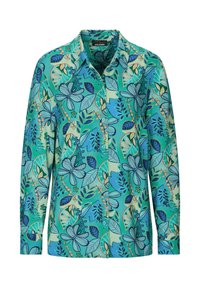 Chemise à manches longues boutonnée avec un motif floral et de feuilles en bleu sarcelle, bleu et vert, dotée d'un col et de manches avec poignets.