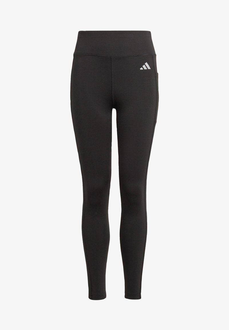 Leggings negros hechos de una tela elástica con una cintura alta. Presenta un pequeño logo blanco en la cadera izquierda y un bolsillo lateral.