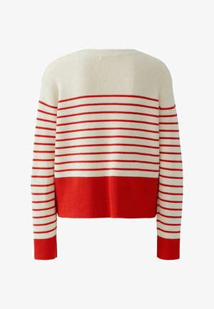 Red and cream striped sweater, ribbed texture, cropped length, wide sleeves, solid red lower section, rounded neckline.