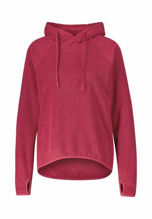 Fuchsia Kapuzenpullover mit strukturiertem Zickzackmuster, verstellbarem Kapuzenbügel und seitlichen Schlitzen für eine erweiterte Passform. Hergestellt aus weichem, atmungsaktivem Stoff.