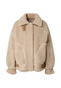 Faux fur jas in beige met een kraag, lange mouwen, zijzakken en leren accenten op de borst en tailleband. Zachte, gestructureerde afwerking.