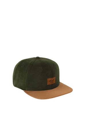 Green wool cap with a tan flat brim, featuring a rectangular leather patch on the front. Light texture with visible stitching details.