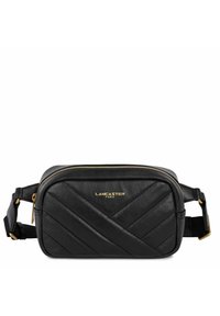 Sac en cuir noir en bandoulière avec un motif matelassé diagonal, accents en matériel doré et fermeture éclair. Logo embossé sur le devant.