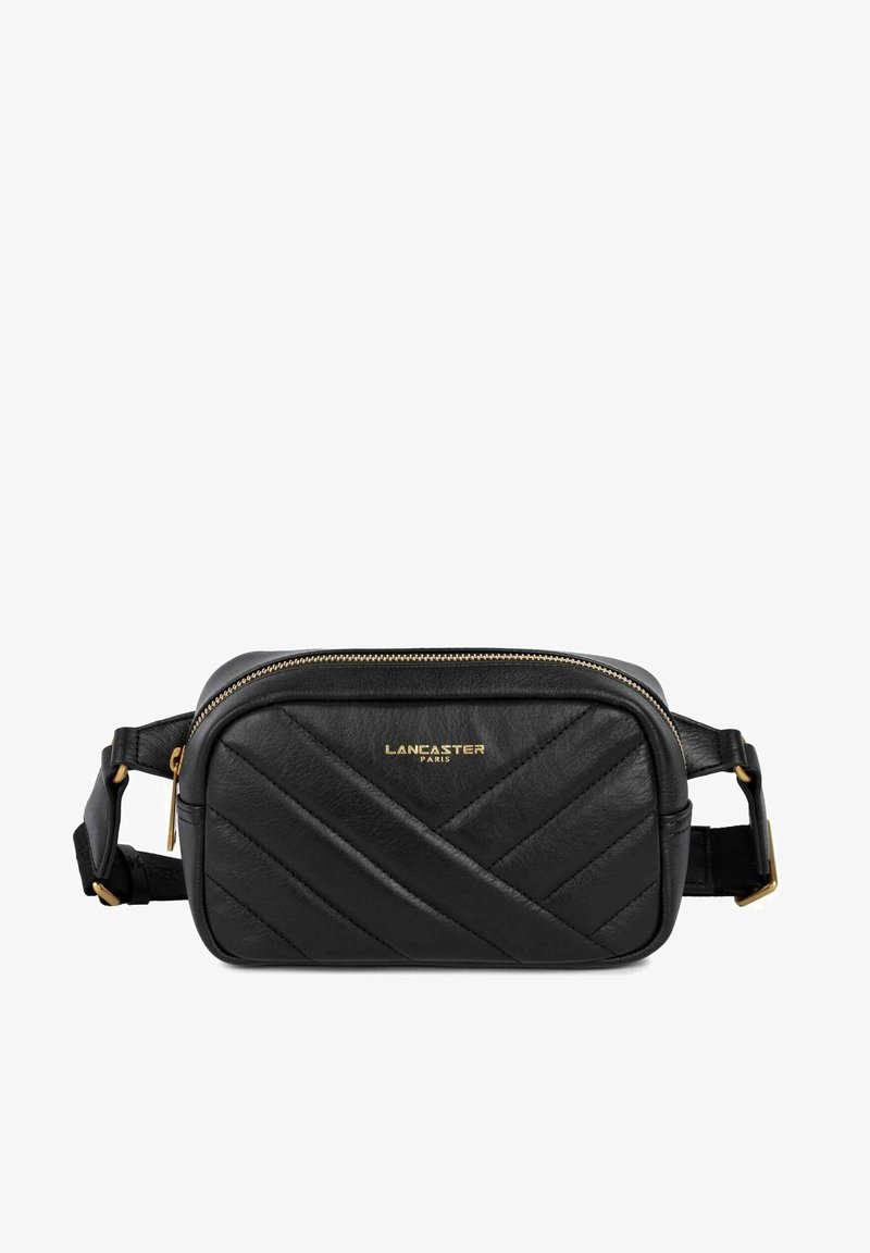 Borsa a tracolla nera in pelle con motivo a rombi diagonali, accessori in metallo dorato e chiusura con zip. Logo impresso sul davanti.