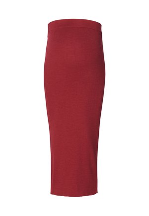 Gebreide kokerrok in diep rood, met een hoge tailleband. Soepele textuur met een lengte tot halverwege de kuit en een aansluitend ontwerp.