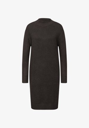 Vestido suéter de punto gris oscuro con mangas largas, un cuello alto y acentos de canalé en el cuello y los puños. Textura suave.