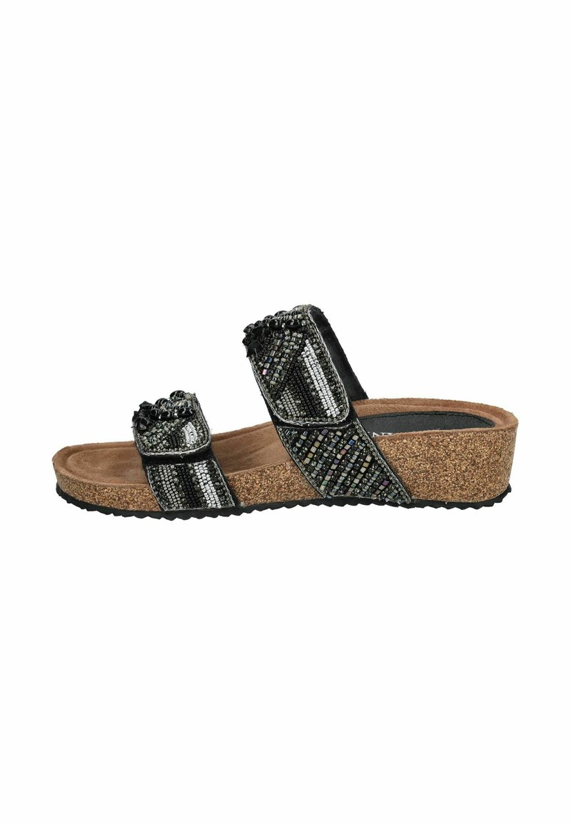 Sandalo scivoloso nero e argento con due fasce larghe che presentano una texture di perline. La soletta in sughero e la suola in gomma offrono ulteriore comfort e aderenza.