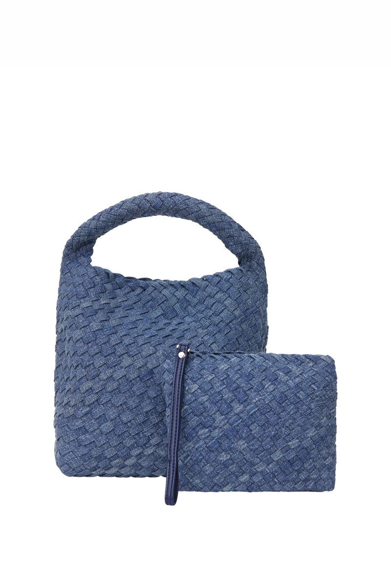 Vævet blå stof tote bag med et rundt håndtag; inkluderer en matchende lynlåspose. Taktile, letvægts og kompakt design.