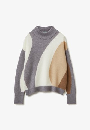 Leichter Pullover mit Stehkragen, aus einer weichen Wollmischung. Mehrfarbiges geometrisches Muster in Grau, Creme und Brauntönen.