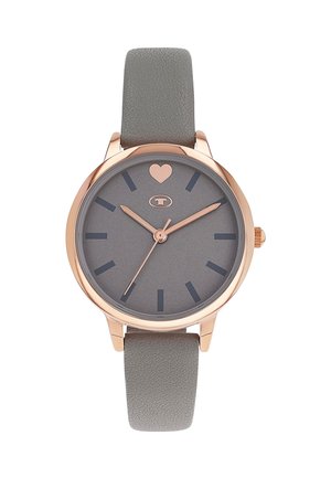 Round wristwatch with gray face, rose gold case, gray leather strap, black hour markers, rose gold hands, and a heart symbol at the 12 o'clock position.