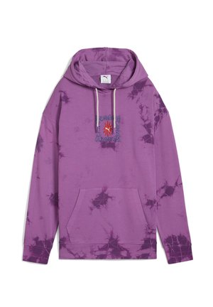 Purple tie-dye hoodie with a spacious kangaroo pocket, adjustable drawstring hood, and a graphic design featuring a hand within a bordered logo.