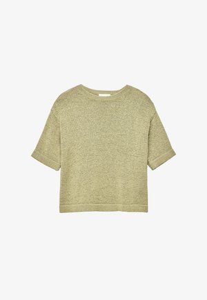 heleheline lühikeste varrukatega kootud kampsun ümmarguse kaelusega ning soonikservadega varrukate ja alaääre juures, laotud valgele taustale.