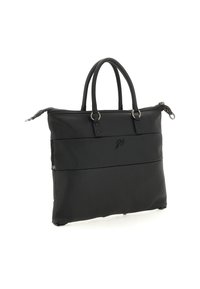 Borsa a tote nera in pelle e tessuto con doppio manico e hardware argentato, dotata di chiusura con zip e piccolo logo frontale.