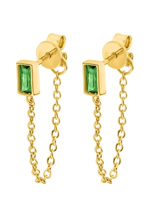 Gold-tone earrings featuring rectangular green stones and delicate chain accents. Crafted from metal with a polished finish.