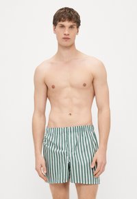 Zielono-białe szorty kąpielowe w paski, wykonane z lekkiego materiału, z elastycznym pasem i luźnym krojem.