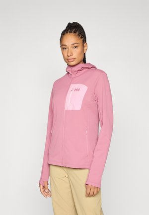 Hellrosa Reißverschlussjacke mit Kapuze, strukturierter Stoff und eine kontrastierende rosafarbene Brusttasche mit Logo. Lange Ärmel mit Daumenlöchern.