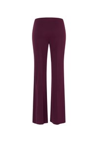 Pantalons évasés bordeaux en tissu doux et extensible. Dotés d'une taille haute et d'une texture lisse, offrant une silhouette épurée.