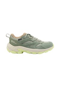 Green suede and mesh hiking shoe with a cream sole, featuring a textured design, pull tab, and light green accents on the outsole.