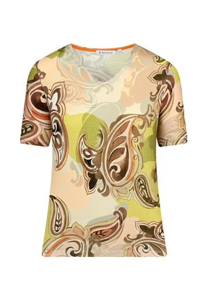 Short-sleeved V-neck top in lightweight fabric with a multicolored floral pattern in greens, browns, and creams. Features a contrasting orange neckline.