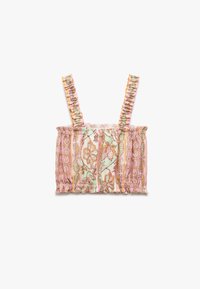 Veelkleurige cropped top met een bloemen- en abstracte print. Kenmerkt zich door elastische, gerimpelde schouderbanden en een gathered textuur overal.