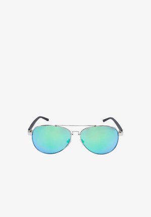 Aviatori prillid, millel on hõbedane metallraam, gradientne sinine lääts ja mustad sangad. Läätsedel on peegeldav kate.