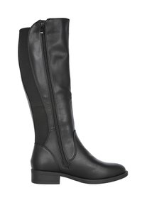 Bota de cuero negra hasta la rodilla con cremallera lateral y panel elástico, tacón bajo y puntera redonda, mostrada desde el lado izquierdo sobre un fondo blanco.