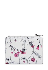 Wallet mit Blumenmuster aus weißem Kunstleder; verfügt über Illustrationen von rosa und schwarzen Blumen, rechteckige Form, Reißverschluss und genähte Kanten.