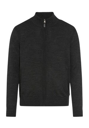 Dark gray zip-up sweater with a high collar, ribbed cuffs, and hem. Features a smooth texture and minimalistic design with no additional patterns.