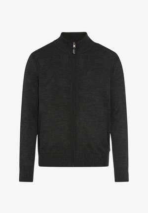 Dark gray zip-up sweater with a high collar, ribbed cuffs, and hem. Features a smooth texture and minimalistic design with no additional patterns.