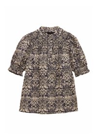 Ziedu raksta blūze ar pārklātu jaku un piedurknēm, īsi pūkaini piedurknes ar elastīgām aprocēm un apaļu kakla izgriezumu.