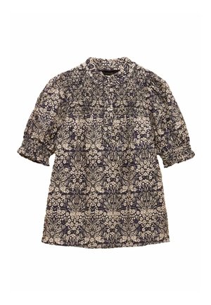 Ziedu raksta blūze ar pārklātu jaku un piedurknēm, īsi pūkaini piedurknes ar elastīgām aprocēm un apaļu kakla izgriezumu.