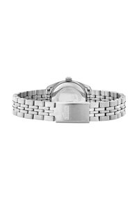 Reloj de acero inoxidable plateado con pulsera de metal. Caja redonda con fondo transparente, que cuenta con un cierre con el nombre de la marca "Lotus."
