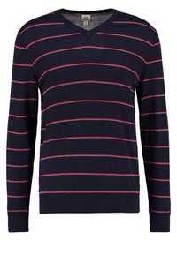 Pull-over marine à manches longues avec col en V. Caractérisé par des rayures horizontales rouges et un ourlet et des poignets côtelés. Confectionné en tissu doux.