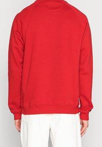 Vista posteriore di una persona che indossa una felpa rossa a maniche lunghe e pantaloni bianchi su uno sfondo bianco.